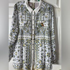 Aratta Women's Button Down Shirt - White, Blue, Yellow